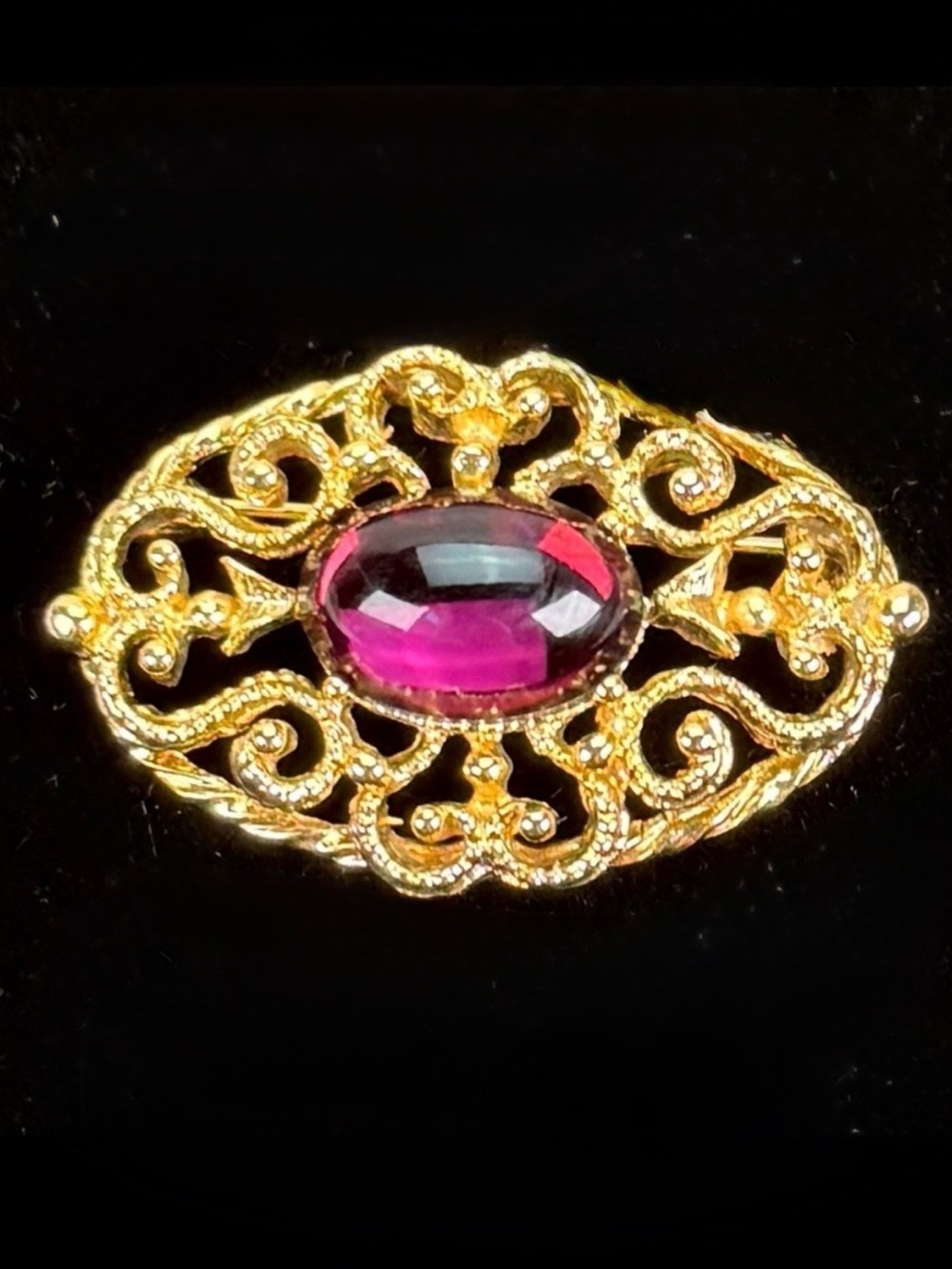 Vintage Ornate Goldtone and purple Brooch